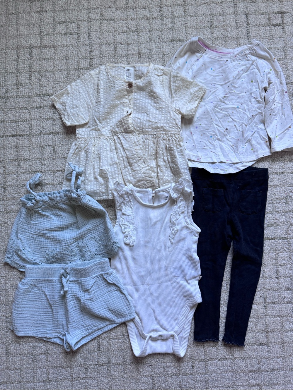 Girls Mixed 6-Piece Summer Top & Bottom Set in White, Light Blue & Navy